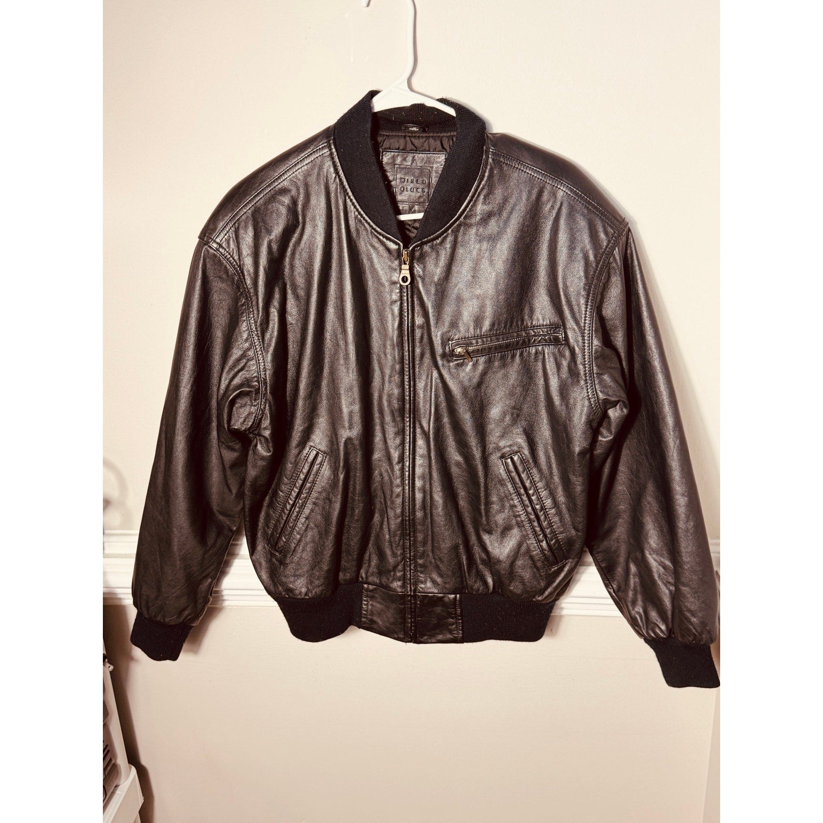 Vintage Mixed Blues Genuine Leather Bomber Jacket Black Ribbed Zip Flight Jacket