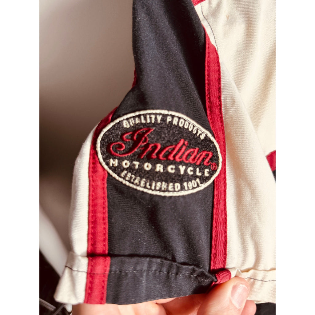 Indian Motorcycle Women’s Medium Button Up Garage Shop Shirt Black Red Biker