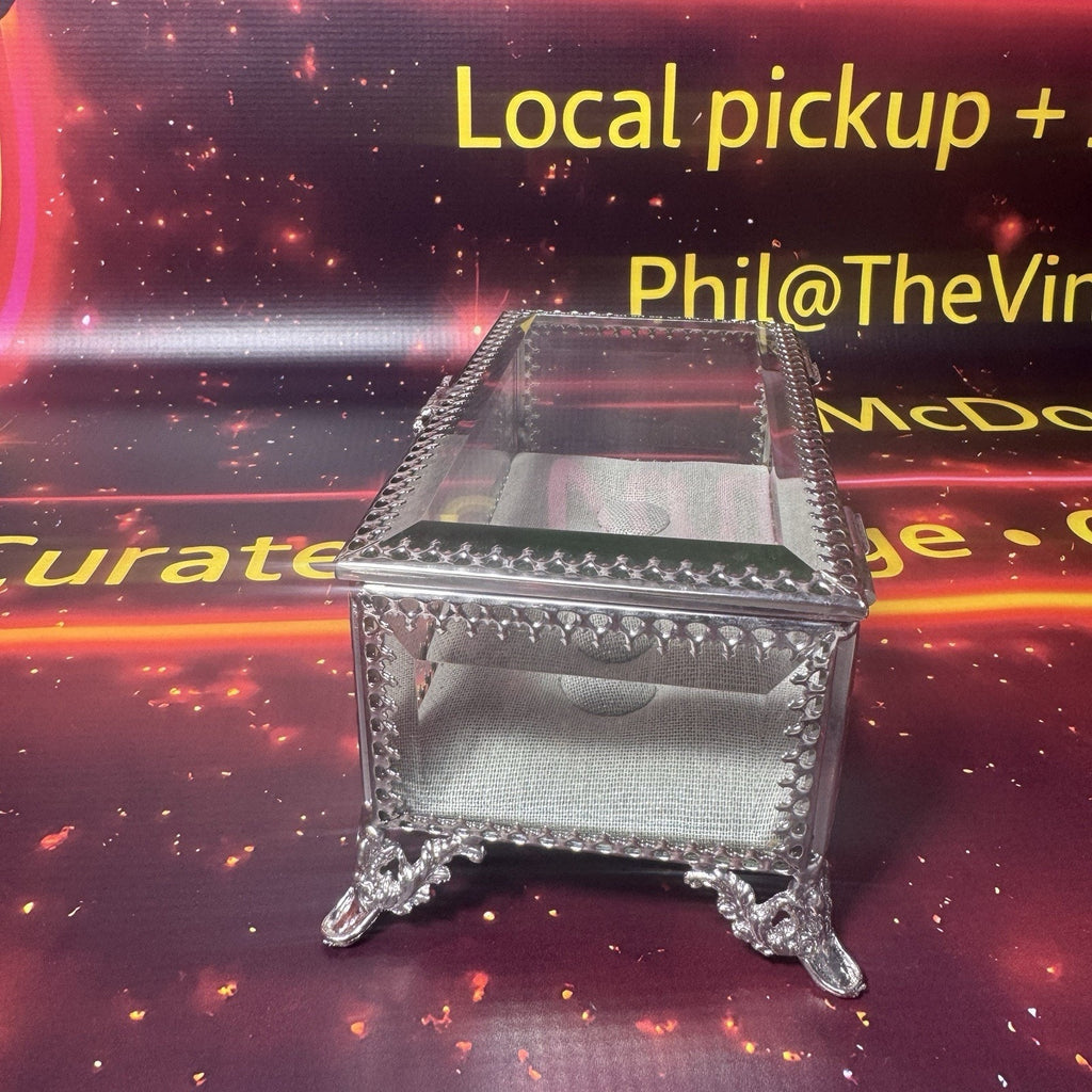 Cynthia Rowley New York Jewelry Box Glass Hinged Silver Filigree Trinket Ring