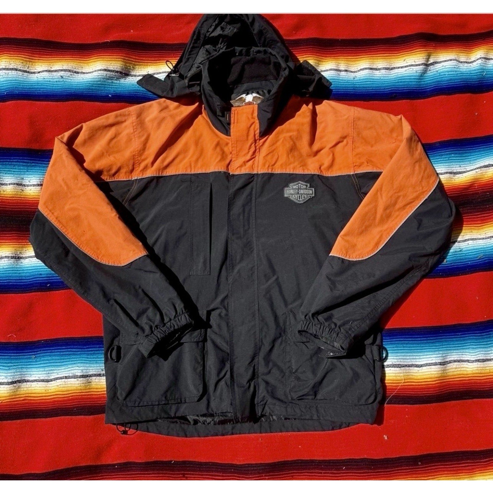 Vtg Harley-Davidson Orange Black Hooded Rain Jacket Men's Large Waterproof Nylon