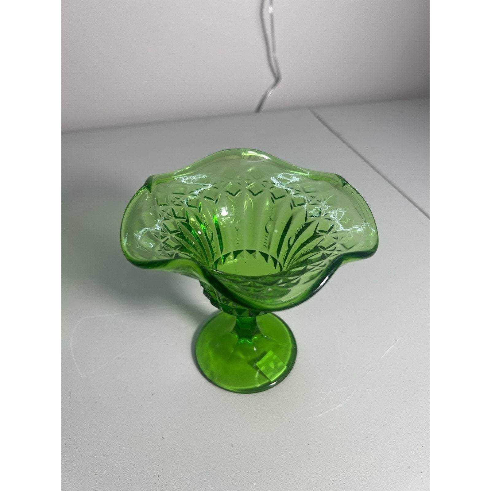 Kanawha Glass Green Uranium Pedestal Compote Candy Dish Glows Vintage 5.5"