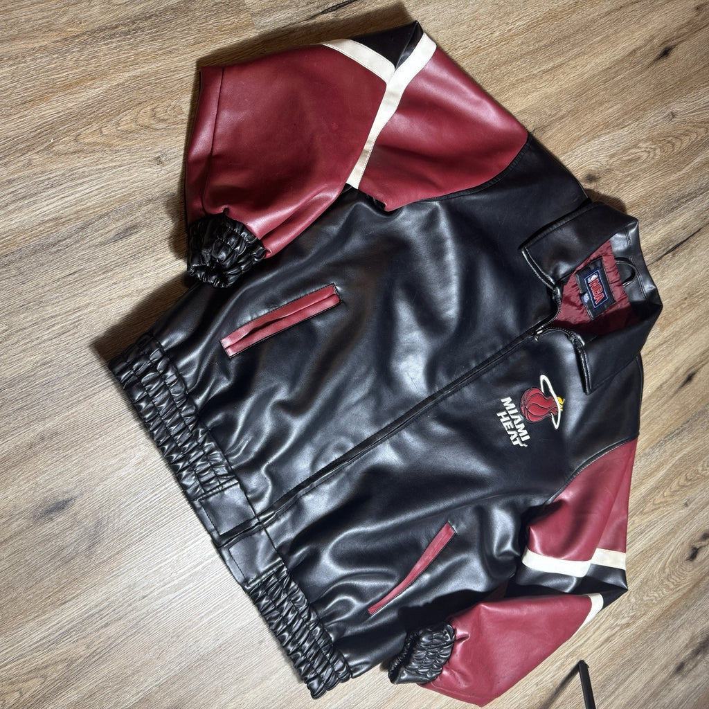 Vintage Y2K Miami Heat NBA Basketball Black Leather Bomber Jacket Men’s XL RARE