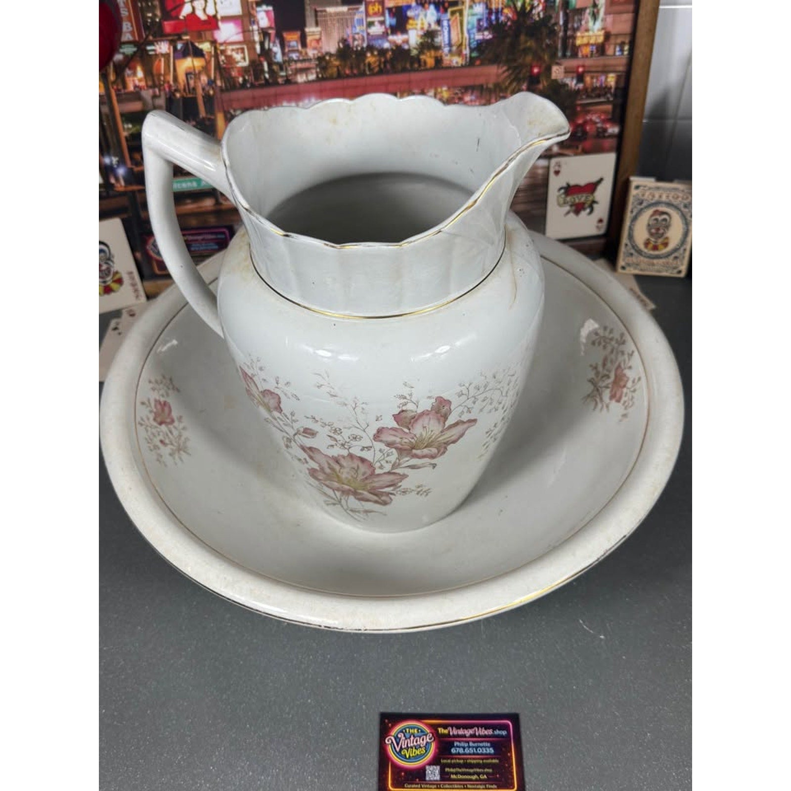 Copied - Late 1800s Vintage O.P. Co Ironstone Wash Basin & Pitcher Set Floral Gold Trim Excelsior