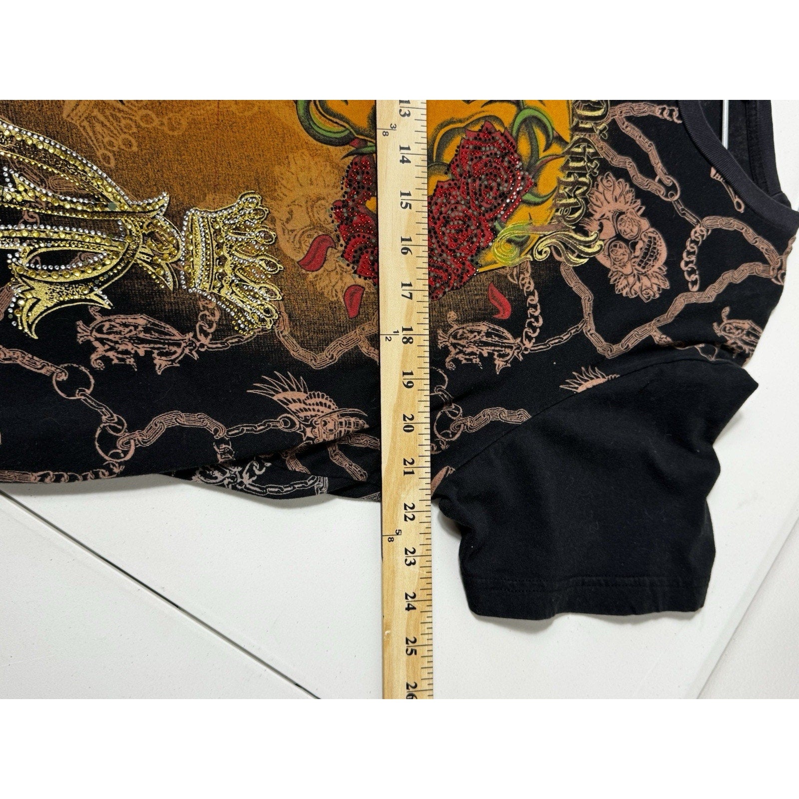 Vtg Christian Audigier Skulls Roses Tee XL Rhinestone Tattoo All Over Print