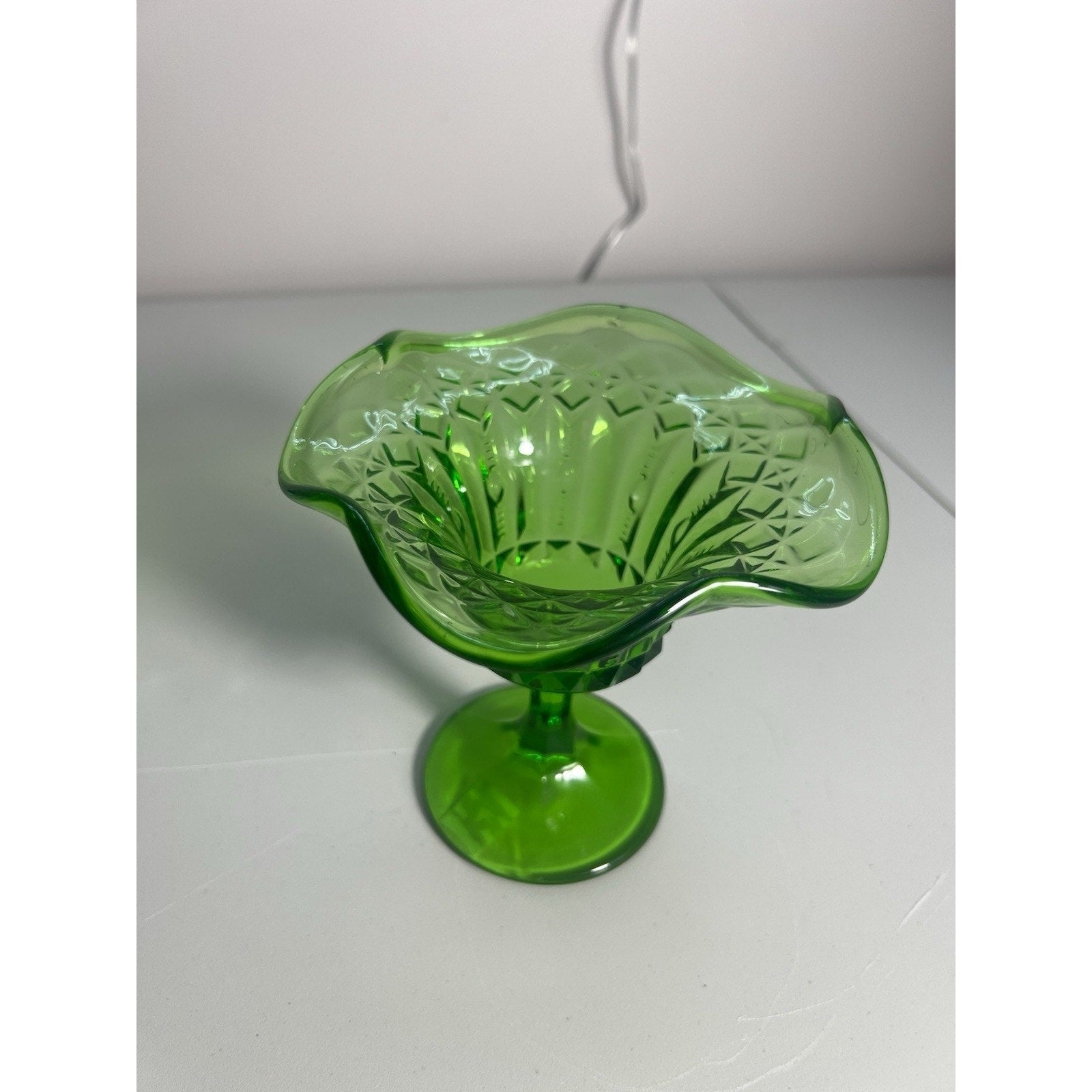 Kanawha Glass Green Uranium Pedestal Compote Candy Dish Glows Vintage 5.5"