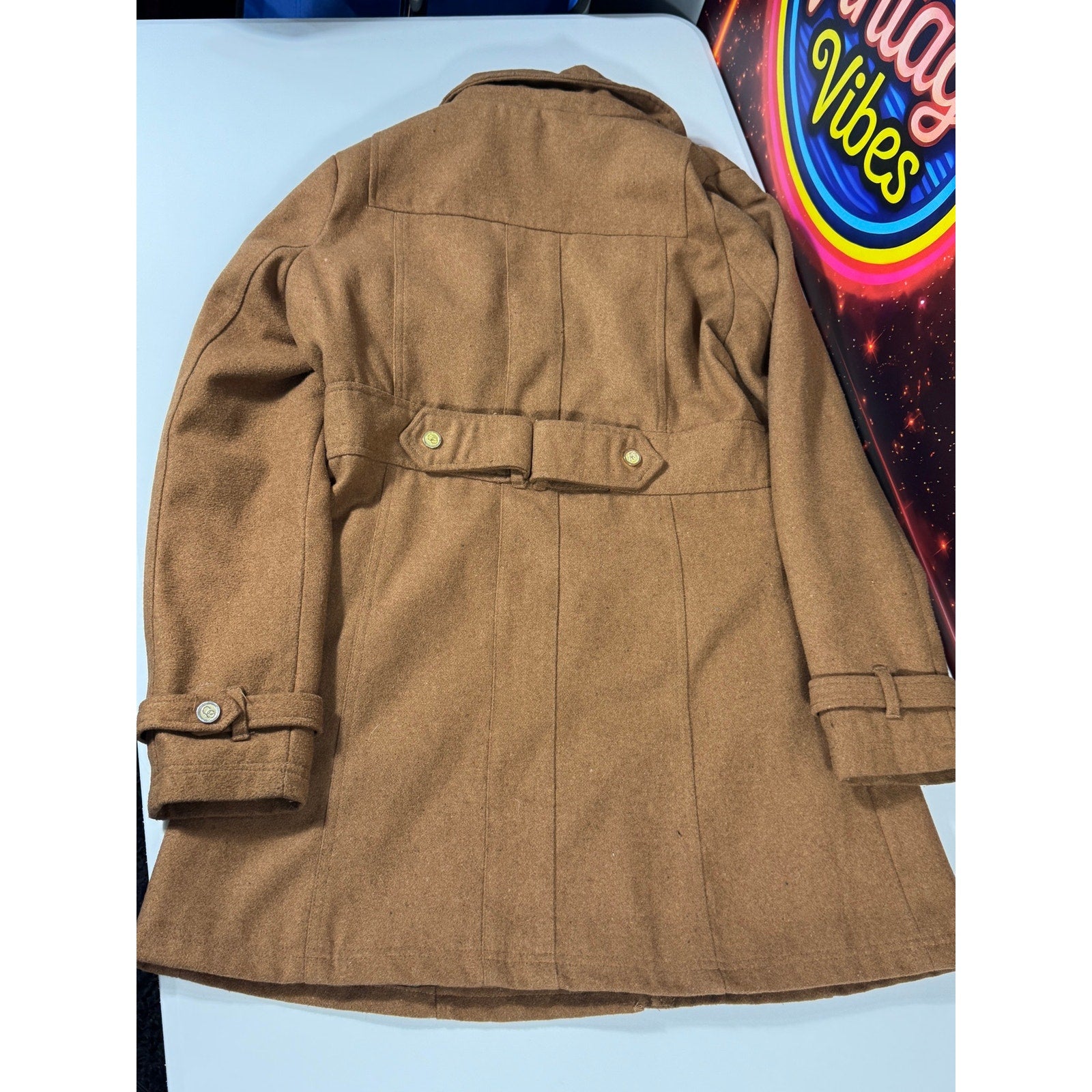 COOGI Wool Blend Toggle Duffle Coat Camel Brown Faux Fur Hood Womens Large 2012