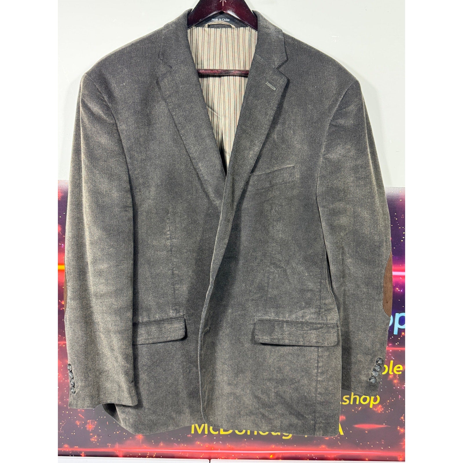 CHAPS Est. 1978 Gray Corduroy Sport Coat Blazer Mens 46R Elbow Patch Preppy Ivy