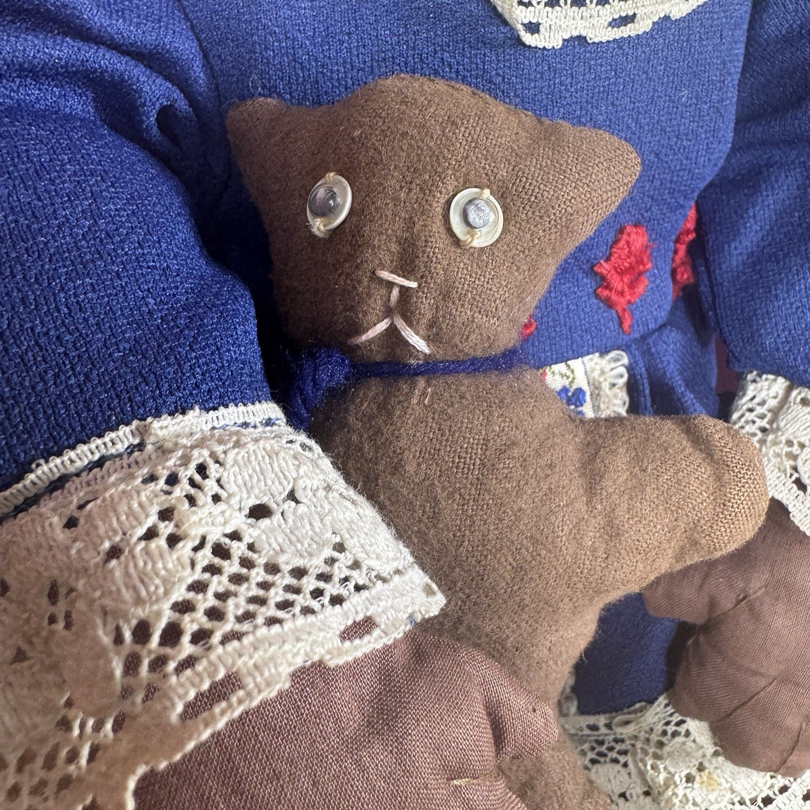 Vintage Handmade African American Cloth Rag Doll Blue Lace Dress Cat 1970s 80s