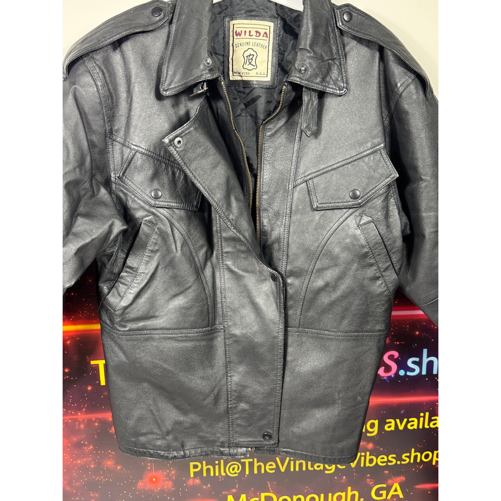 Men's Vintage Wilda Genuine Leather Black Motorcycle Jacket Made in USA Large