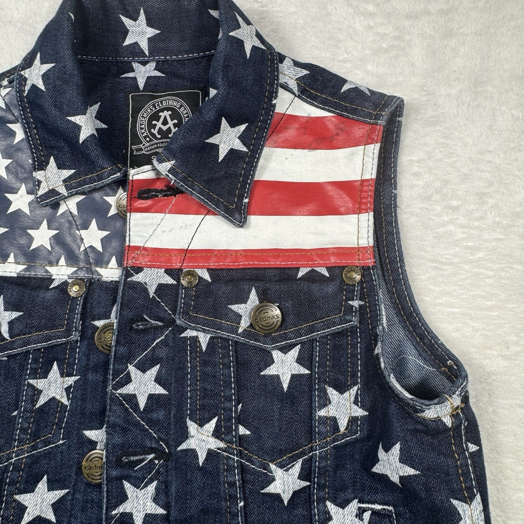 Akademiks AKDMKS Stars Denim Vest Womens XS Y2K Hip Hop USA Flag Patriotic 90s