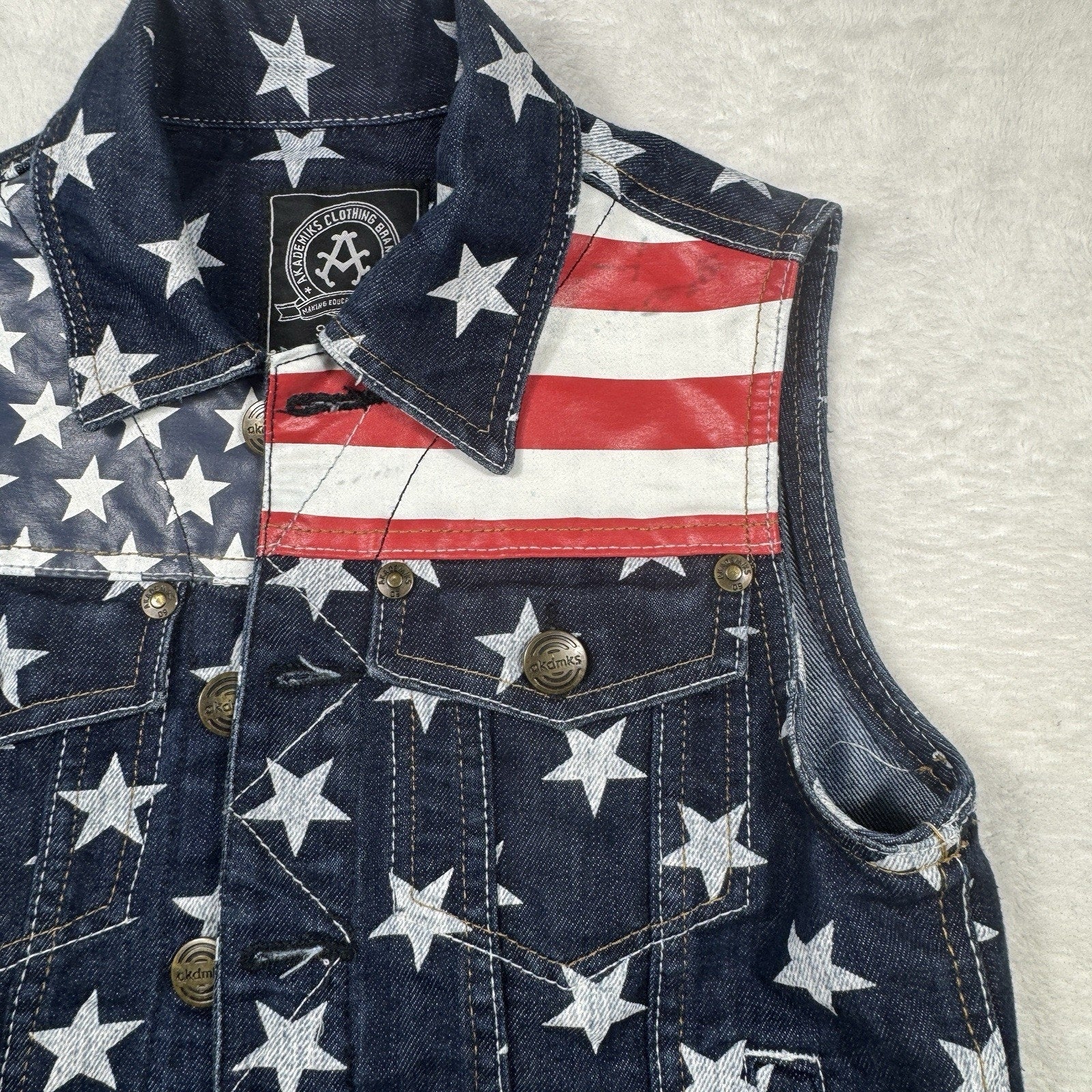 Akademiks AKDMKS Stars Denim Vest Womens XS Y2K Hip Hop USA Flag Patriotic 90s