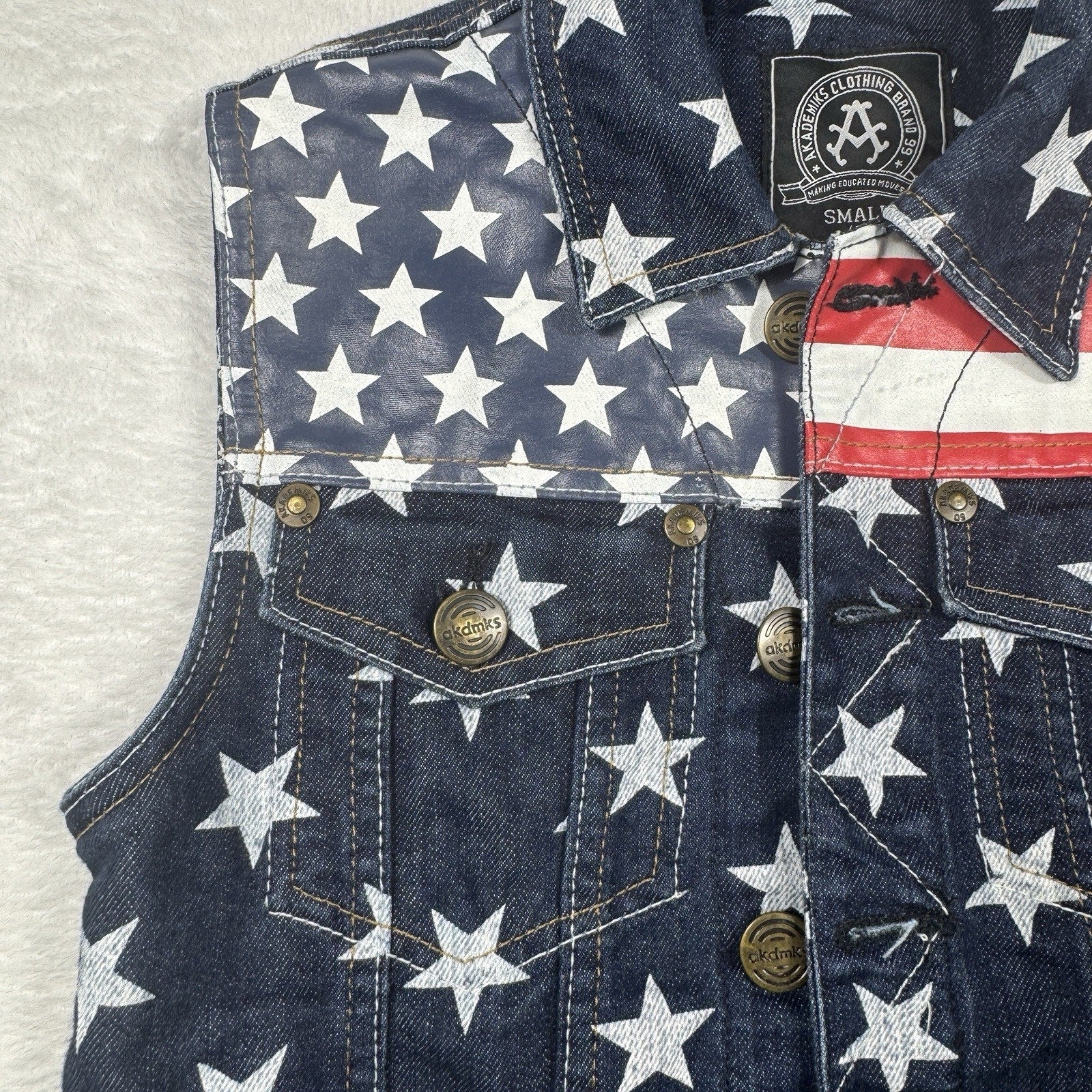 Akademiks AKDMKS Stars Denim Vest Womens XS Y2K Hip Hop USA Flag Patriotic 90s