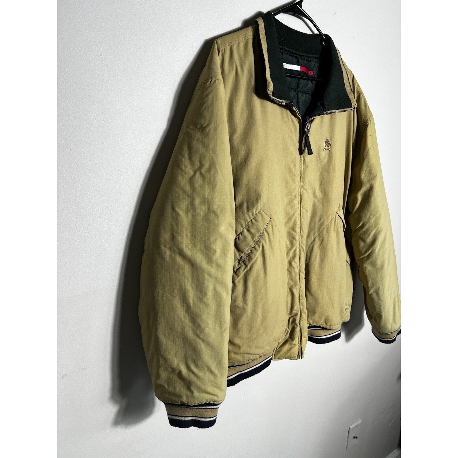 VTG 90s Tommy Hilfiger Reversible Bomber Jacket Tan Green L/XL Puffer Coat Y2K
