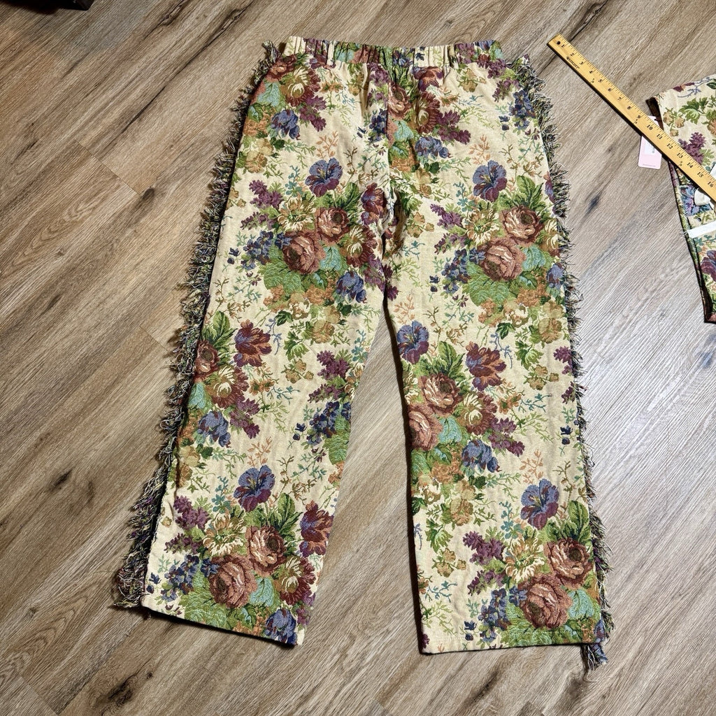 NWT MICAS Floral Tapestry Jacquard Fringe Cargo Pants Rave Bandeau Set Womens L