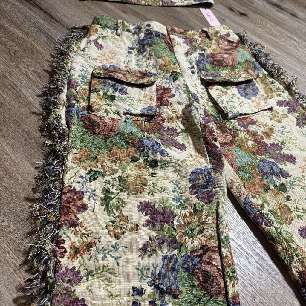 NWT MICAS Floral Tapestry Jacquard Fringe Cargo Pants Rave Bandeau Set Womens L