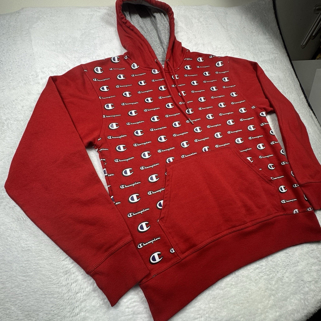 Champion All Over Logo Print Hoodie Mens M Red Pullover Sweatshirt Spell Out AOP