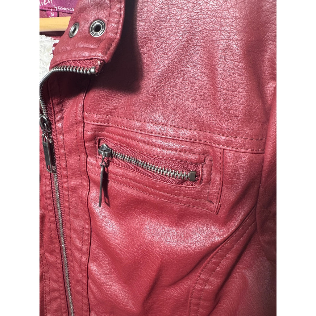 Ashley Faux Leather Sherpa Lined Moto Bomber Jacket Burgundy Women’s M Medium