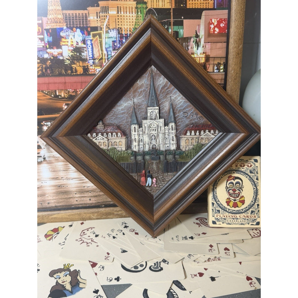 Vintage Jackson Square New Orleans Woodgraph Hand Painted Framed Art Signed 7x7