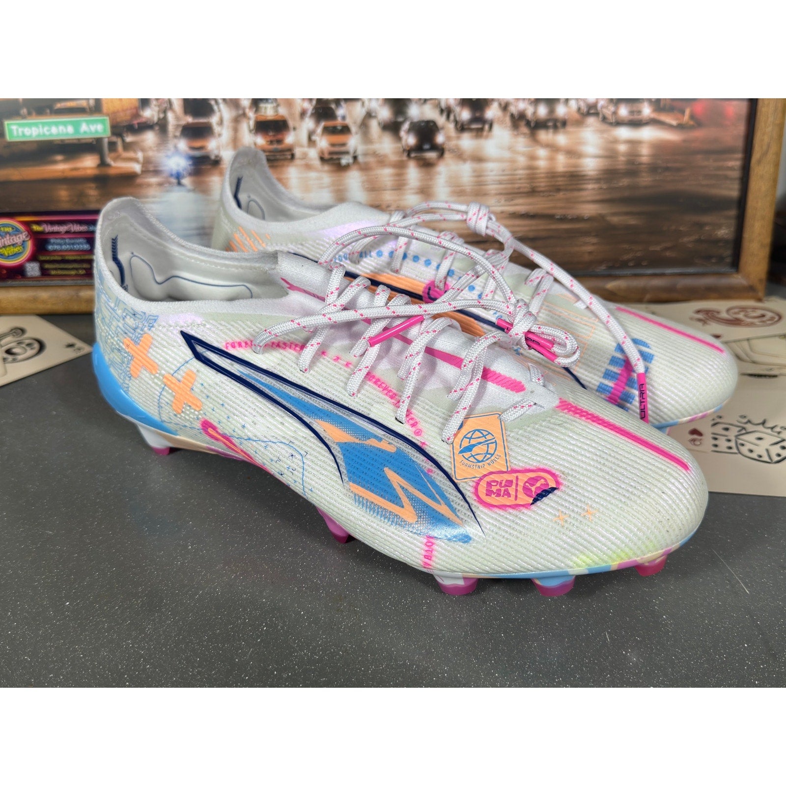 Puma Ultra Match FG/AG Soccer Cleats White Pink Blue 108063-01 Men’s 8.5