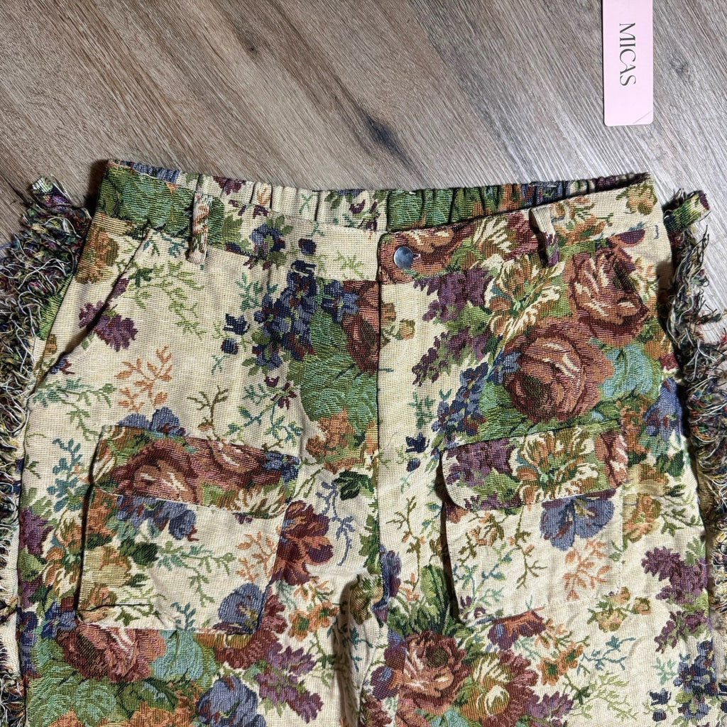 NWT MICAS Floral Tapestry Jacquard Fringe Cargo Pants Rave Bandeau Set Womens L
