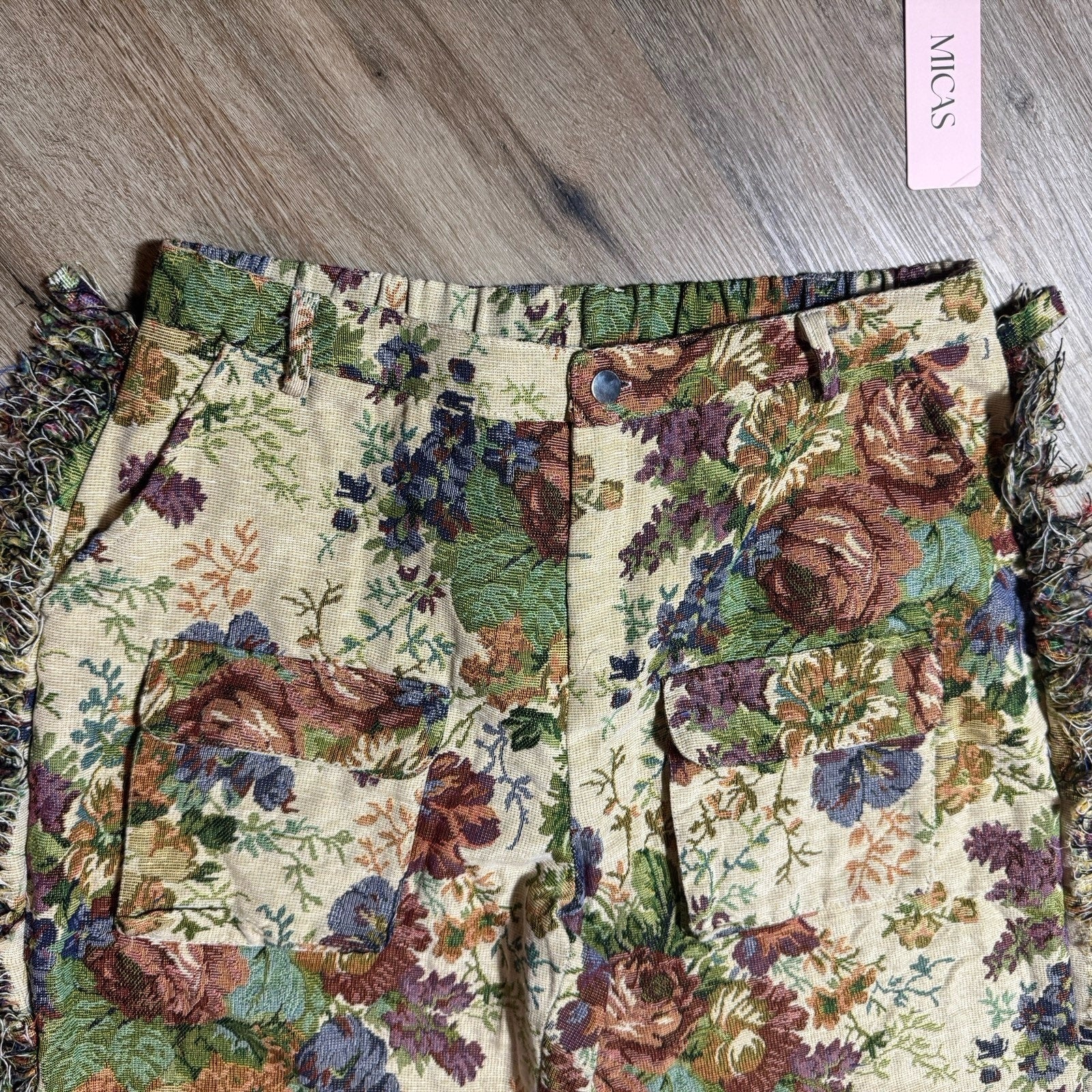 NWT MICAS Floral Tapestry Jacquard Fringe Cargo Pants Rave Bandeau Set Womens L