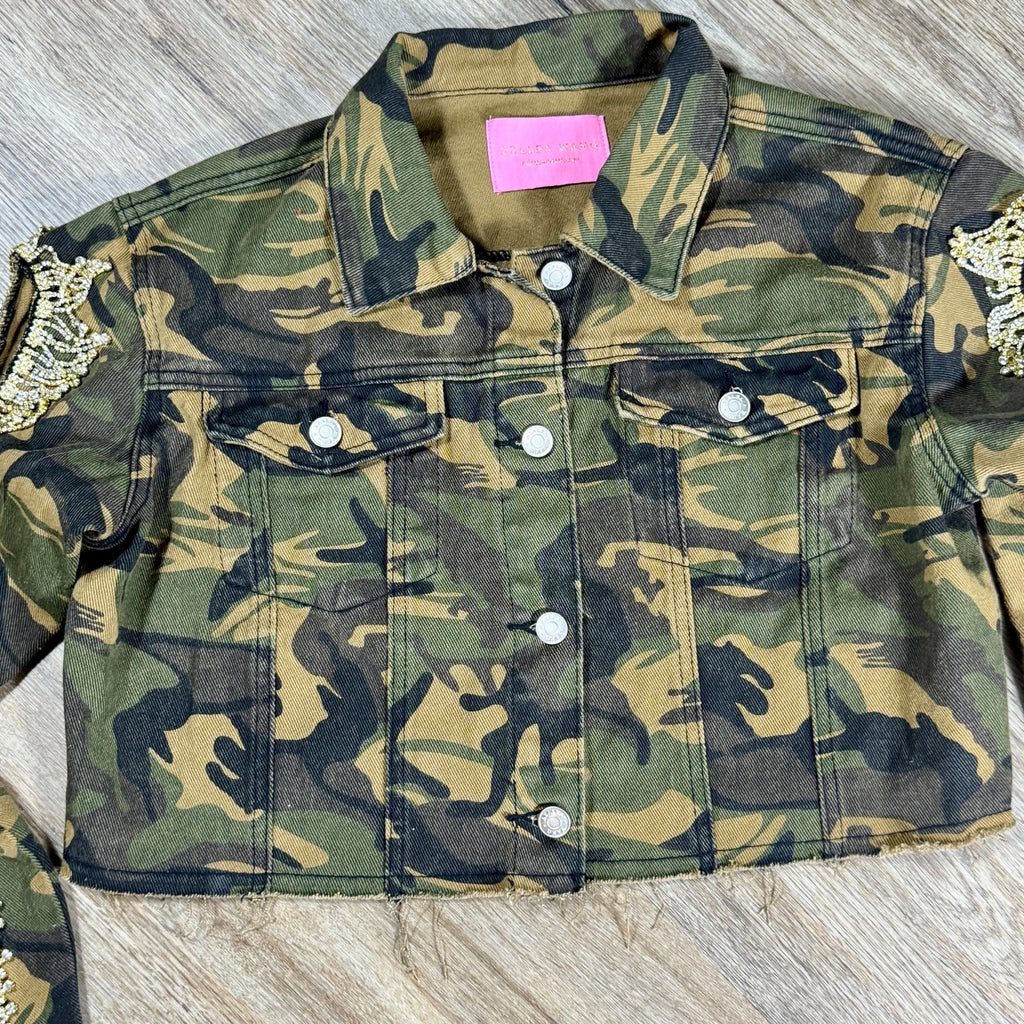 Azalea Wang Camo Rhinestone Fringe Cold Shoulder Cropped Trucker Jacket Small S