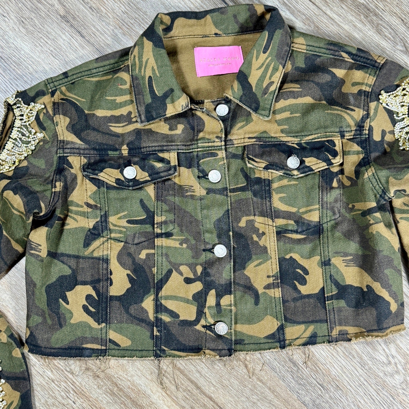 Azalea Wang Camo Rhinestone Fringe Cold Shoulder Cropped Trucker Jacket Small S