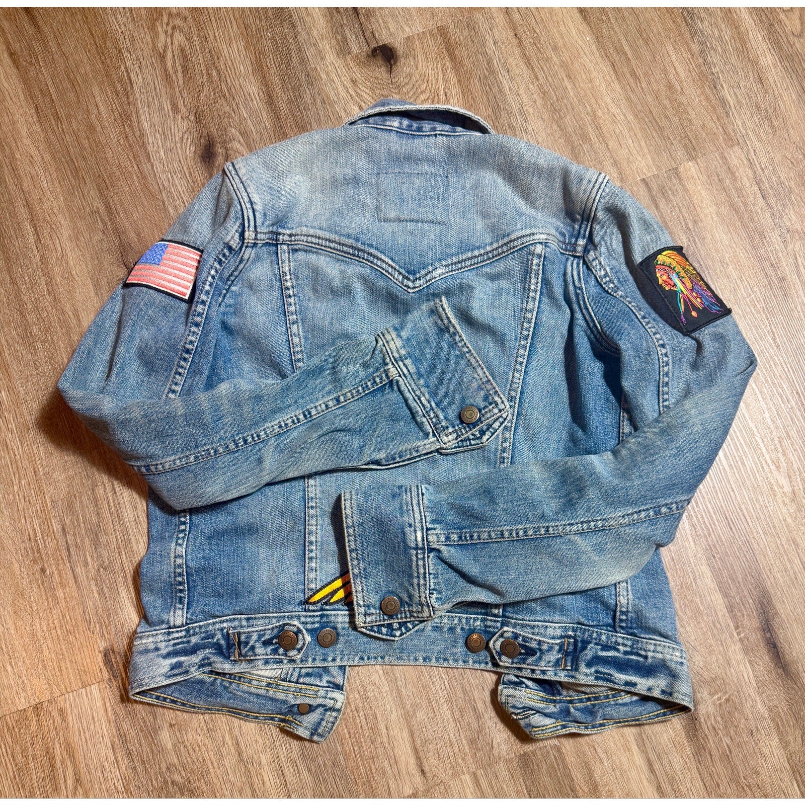 Vtg Abercrombie Fitch Indian Motorcycle Patch Denim Jacket Women S USA Flag Y2K
