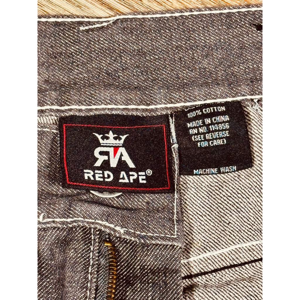 Red Ape Y2K Gray Baggy Jeans Argyle Pocket Embroidered Denim 44x33 Rare Streetwear