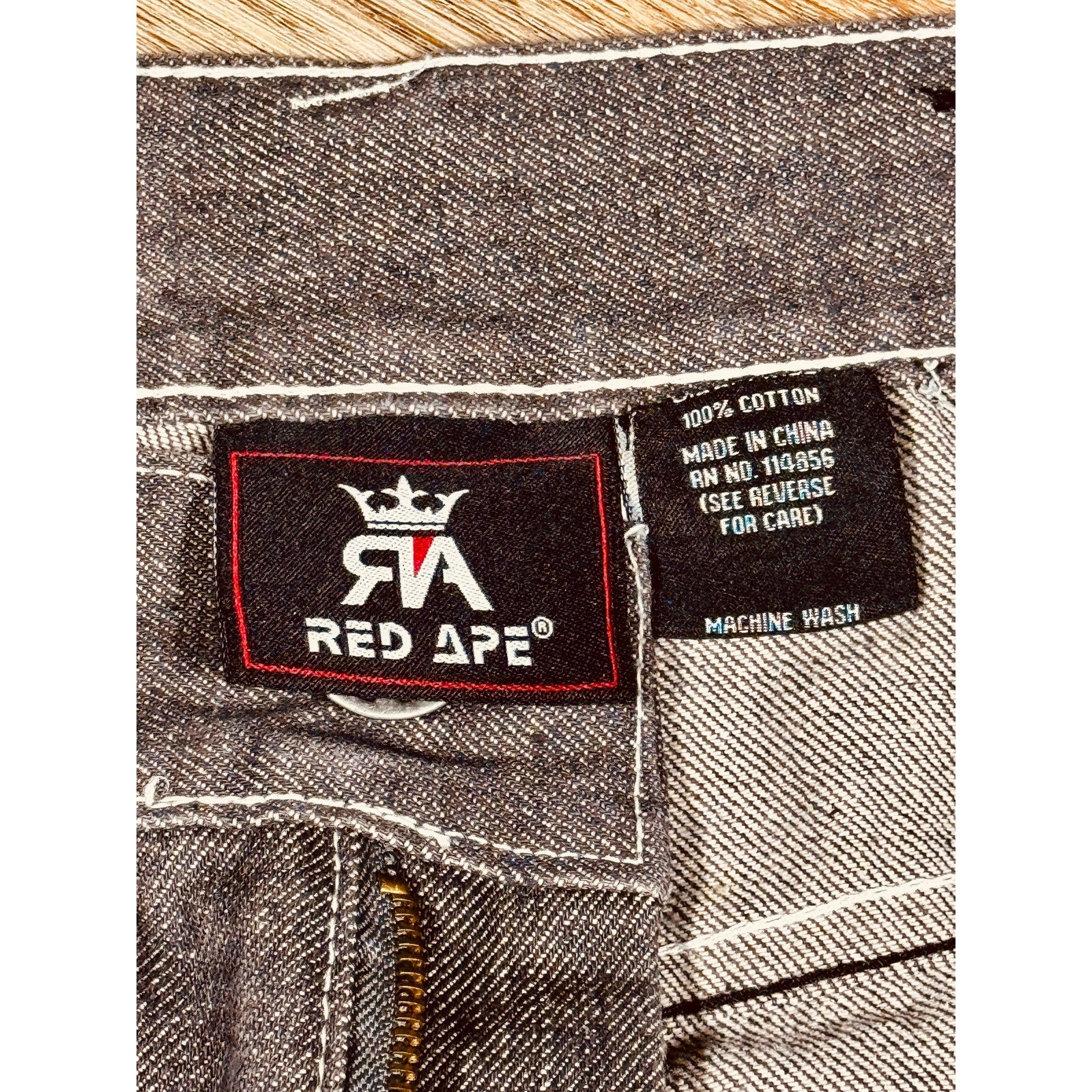 Red Ape Y2K Gray Baggy Jeans Argyle Pocket Embroidered Denim 44x33 Rare Streetwear
