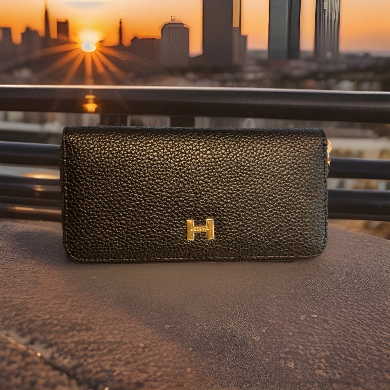 Halston Black Pebbled Leather Zip Around Continental Wallet Clutch Organizer