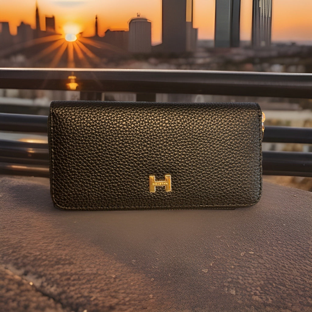 Halston Black Pebbled Leather Zip Around Continental Wallet Clutch Organizer
