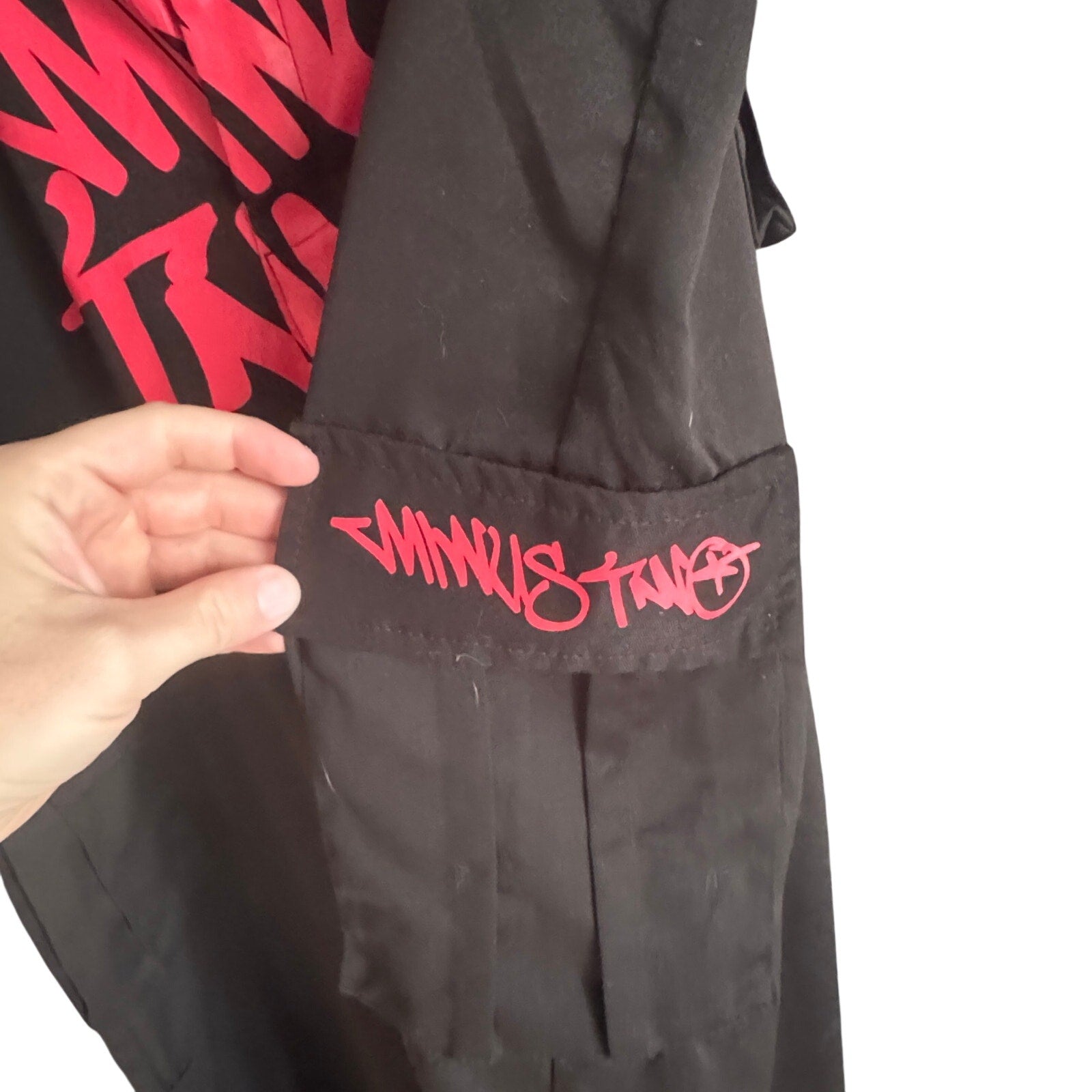 Minus Two Cargo Jogger Pants Men’s Black Red Graffiti Y2K Techwear Size