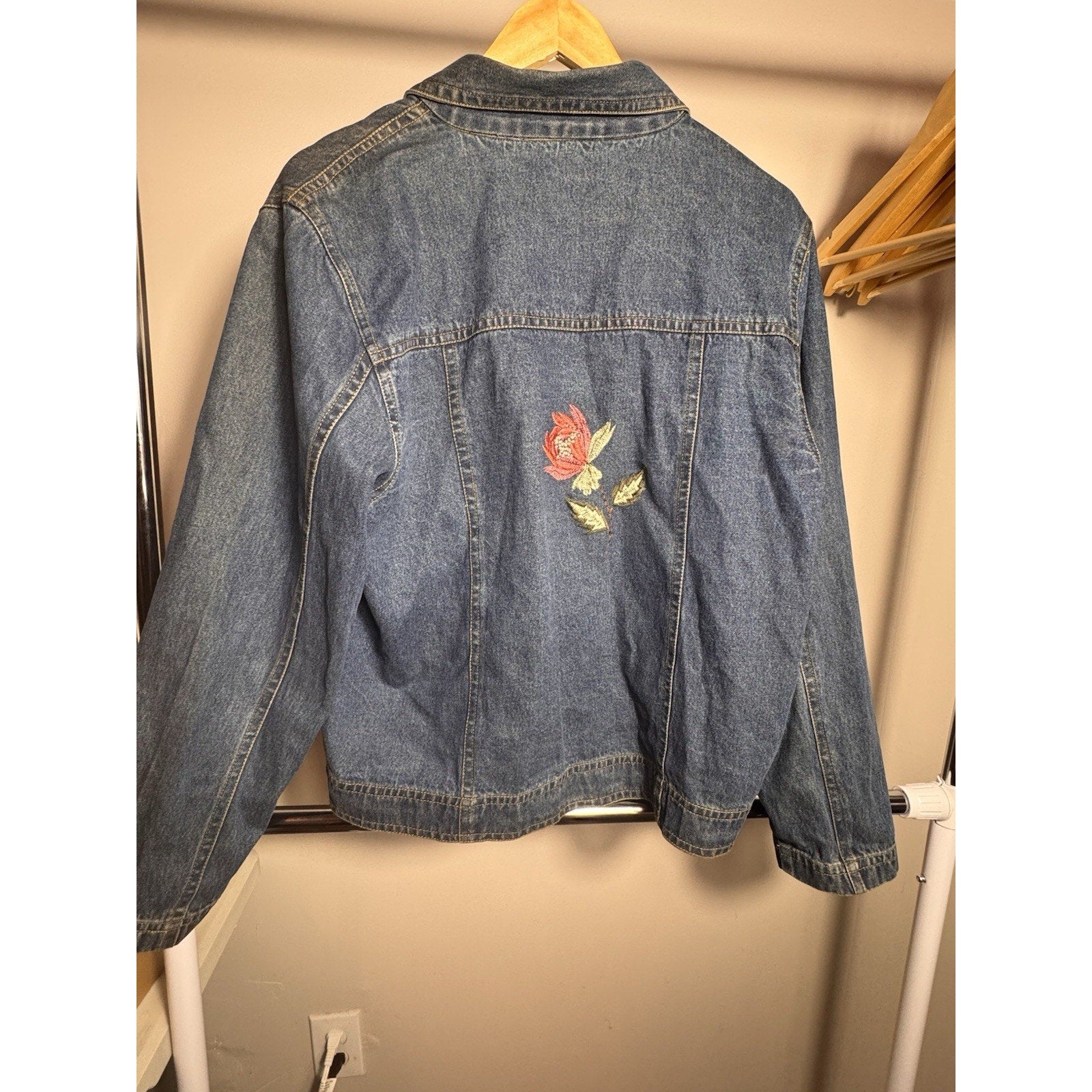 Vtg IKON Clothing Embroidered Floral Denim Jacket Womens XL Button Front
