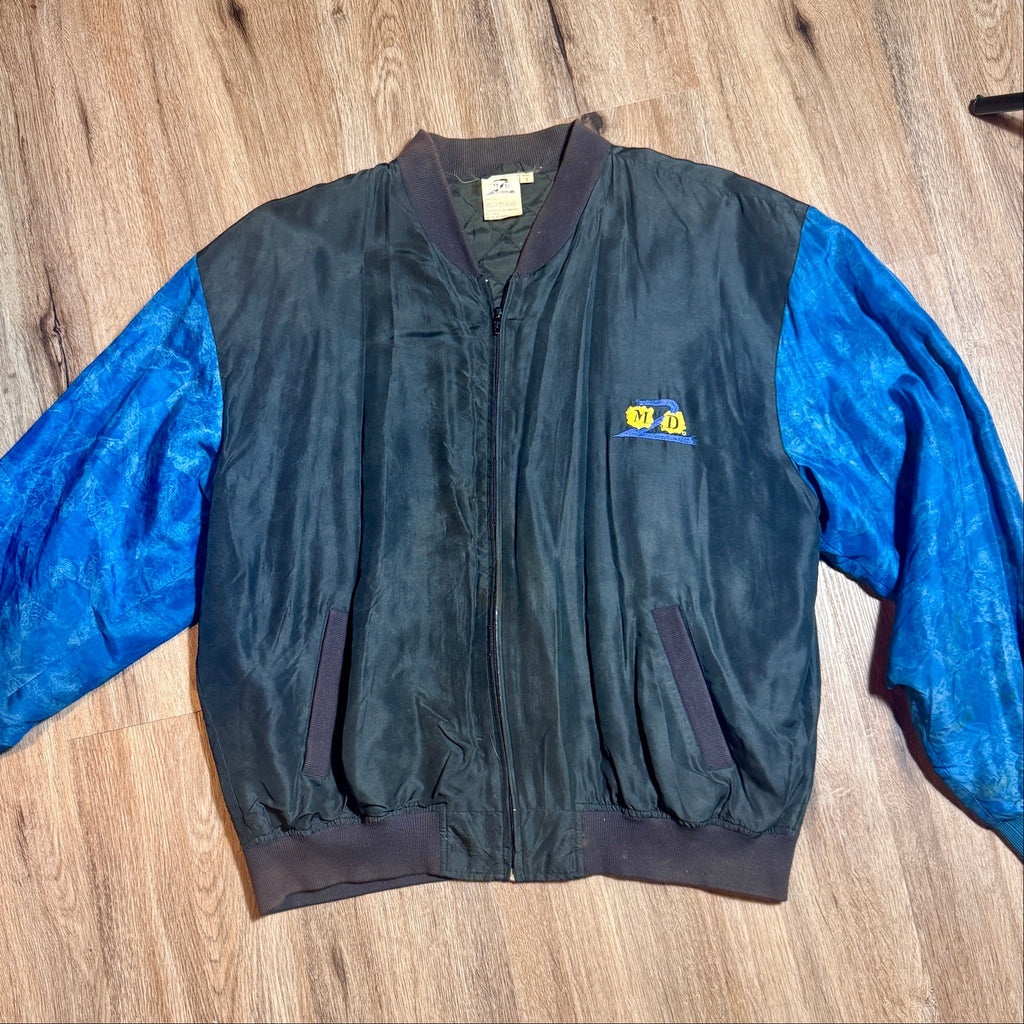 Vintage M2D Major Damage Silk Bomber Jacket Mens XL XXL Blue Black 90s Hip Hop