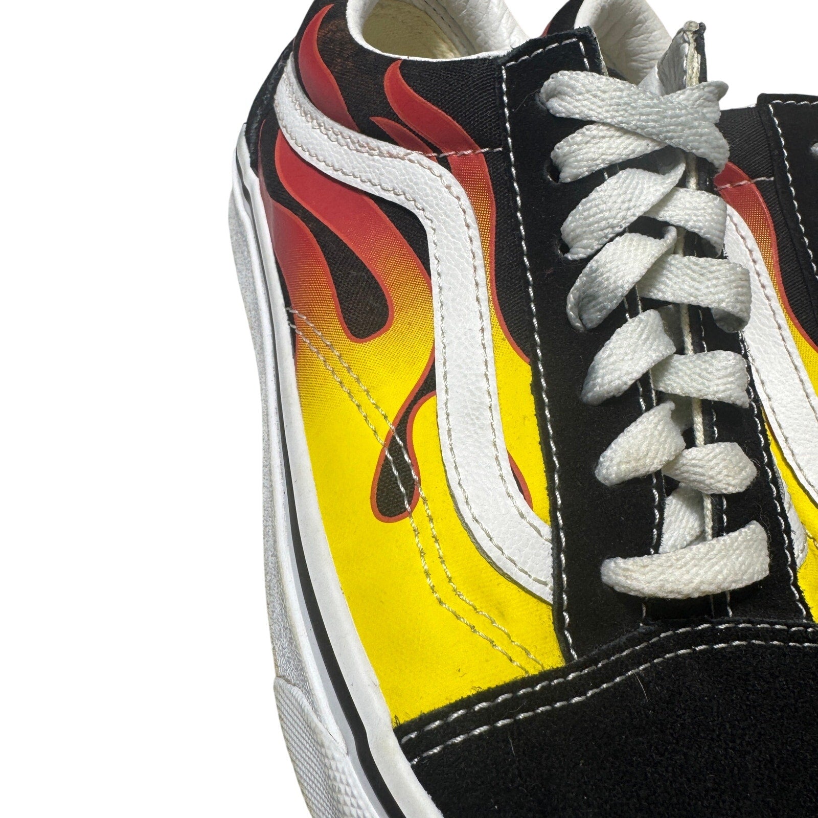 Vans Old Skool Flame Sneakers Black Yellow Red Canvas Skate Shoes Men's 5.5 Women 7