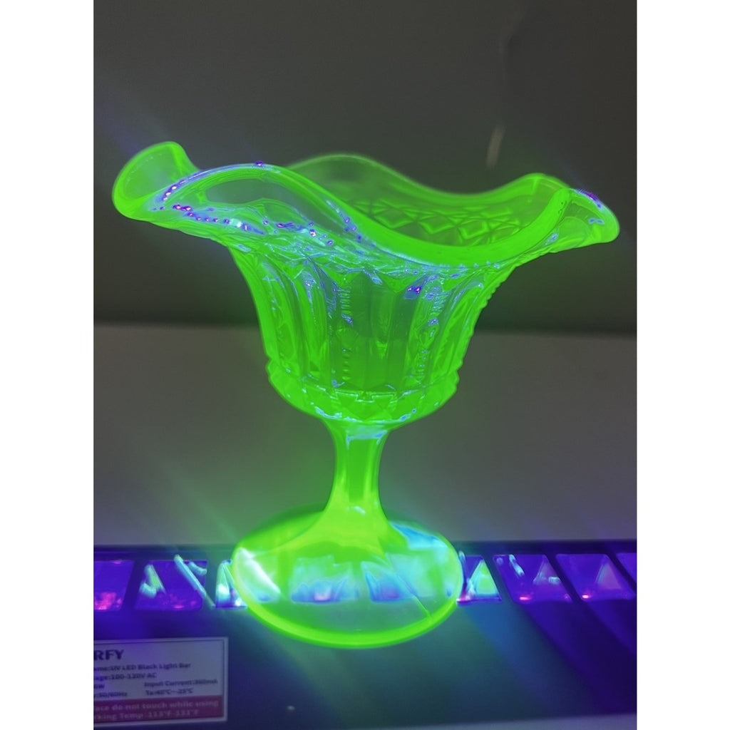 Kanawha Glass Green Uranium Pedestal Compote Candy Dish Glows Vintage 5.5"