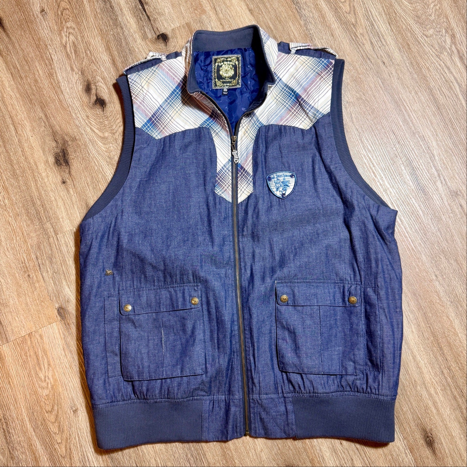 Live Mechanics Plaid Chambray Full Zip Vest 3XL Y2K Motorcycle Biker Denim Vest