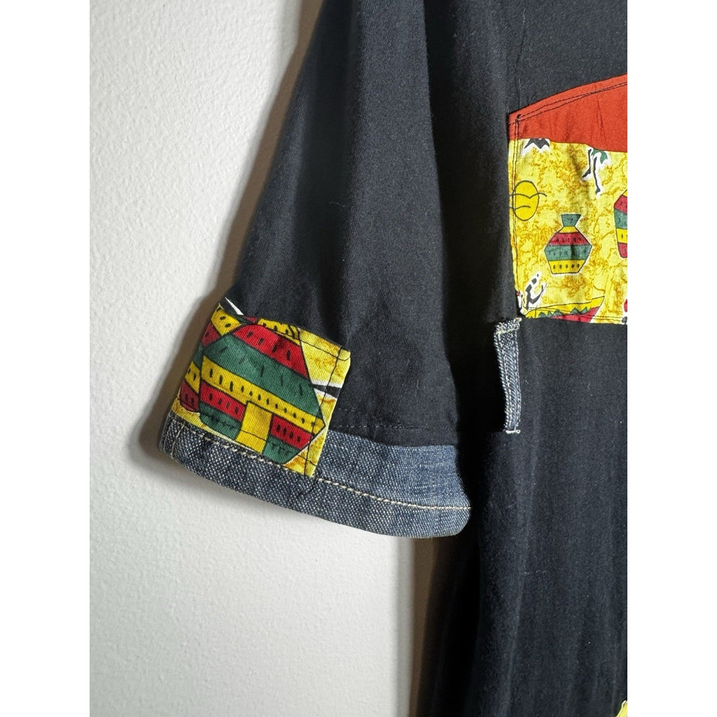 Handcrafted African Print Patchwork Denim Shirt – Unique Bohemian Style Large