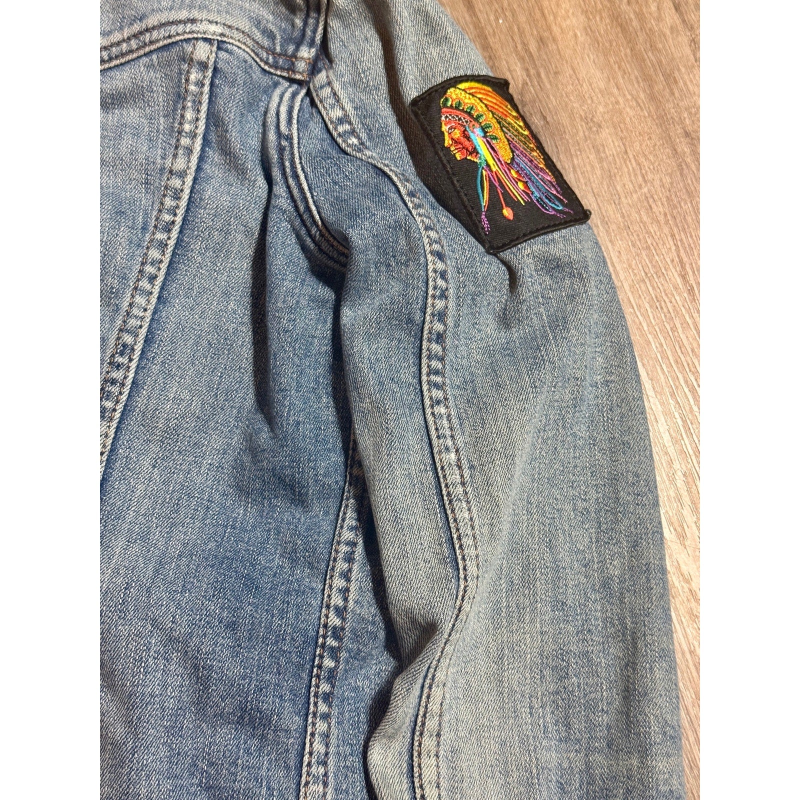 Vtg Abercrombie Fitch Indian Motorcycle Patch Denim Jacket Women S USA Flag Y2K