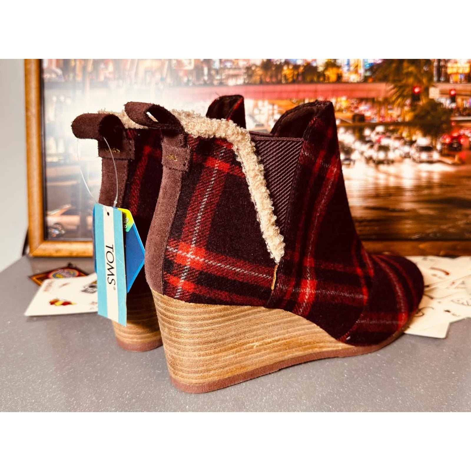 Copied - TOMS Women’s Kelsey Wedge Ankle Boots Sz 5 Red Earthy Plaid Wool Blend