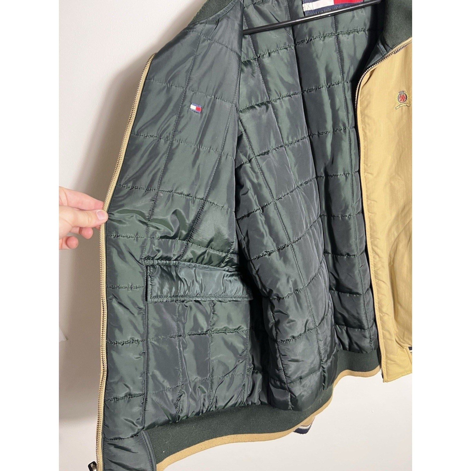 VTG 90s Tommy Hilfiger Reversible Bomber Jacket Tan Green L/XL Puffer Coat Y2K