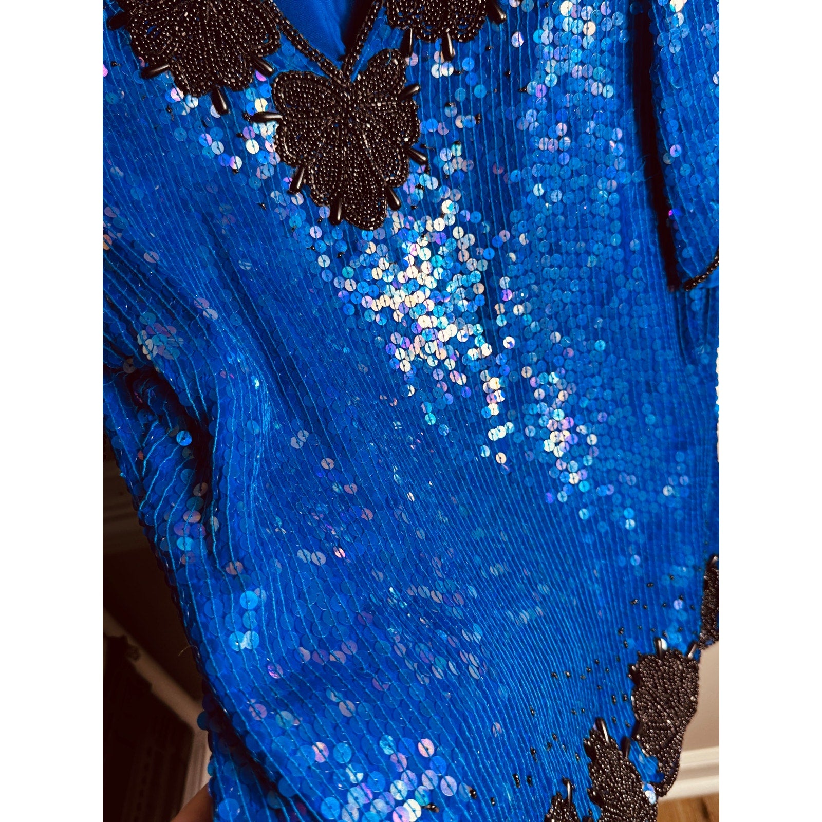 Vintage Stenay Silk Beaded Sequin Top Blue Black Evening Party Blouse Women’s Large