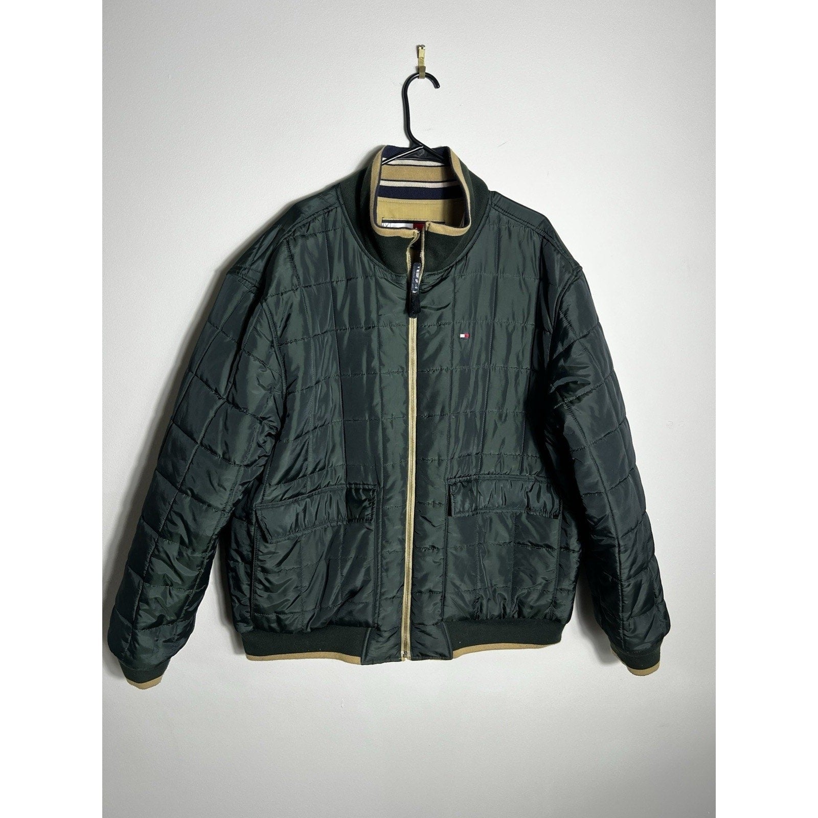 VTG 90s Tommy Hilfiger Reversible Bomber Jacket Tan Green L/XL Puffer Coat Y2K