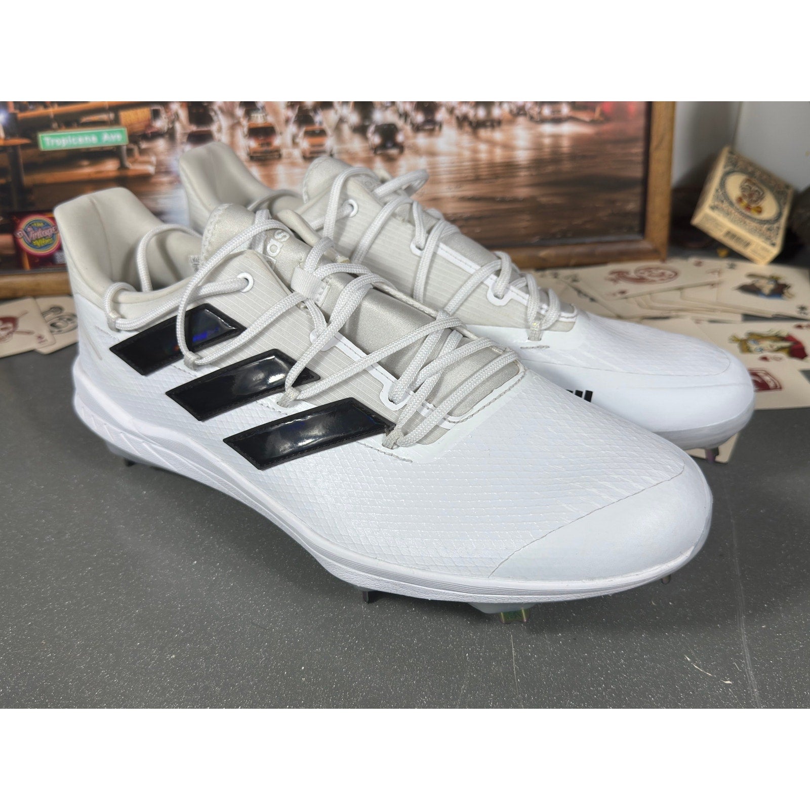 Adidas Adizero Baseball Cleats White Black Metal Spikes Men’s 14 SPG753001
