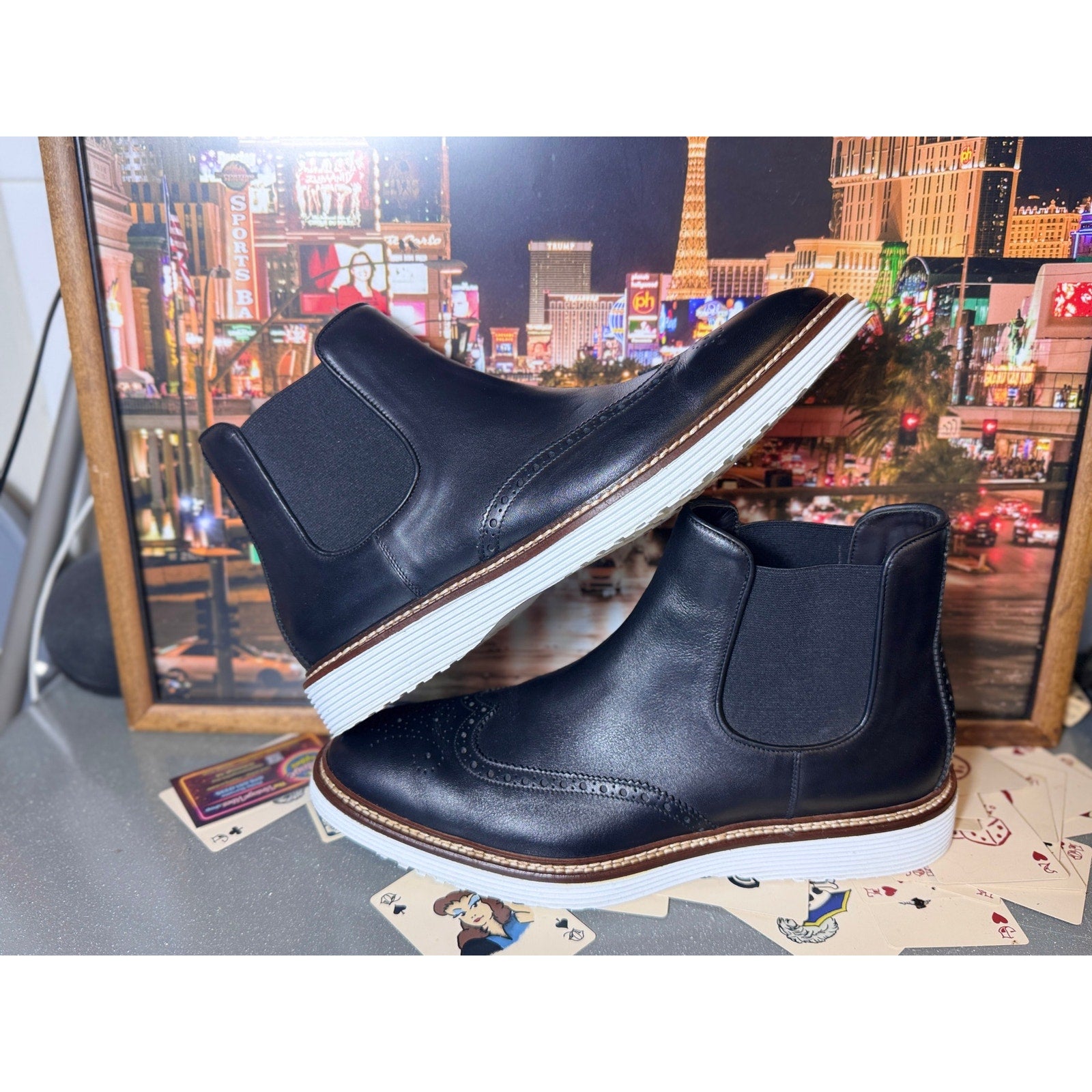 Johnston & Murphy Collection Chelsea Wingtip Boots Black Leather Italy Mens 10M