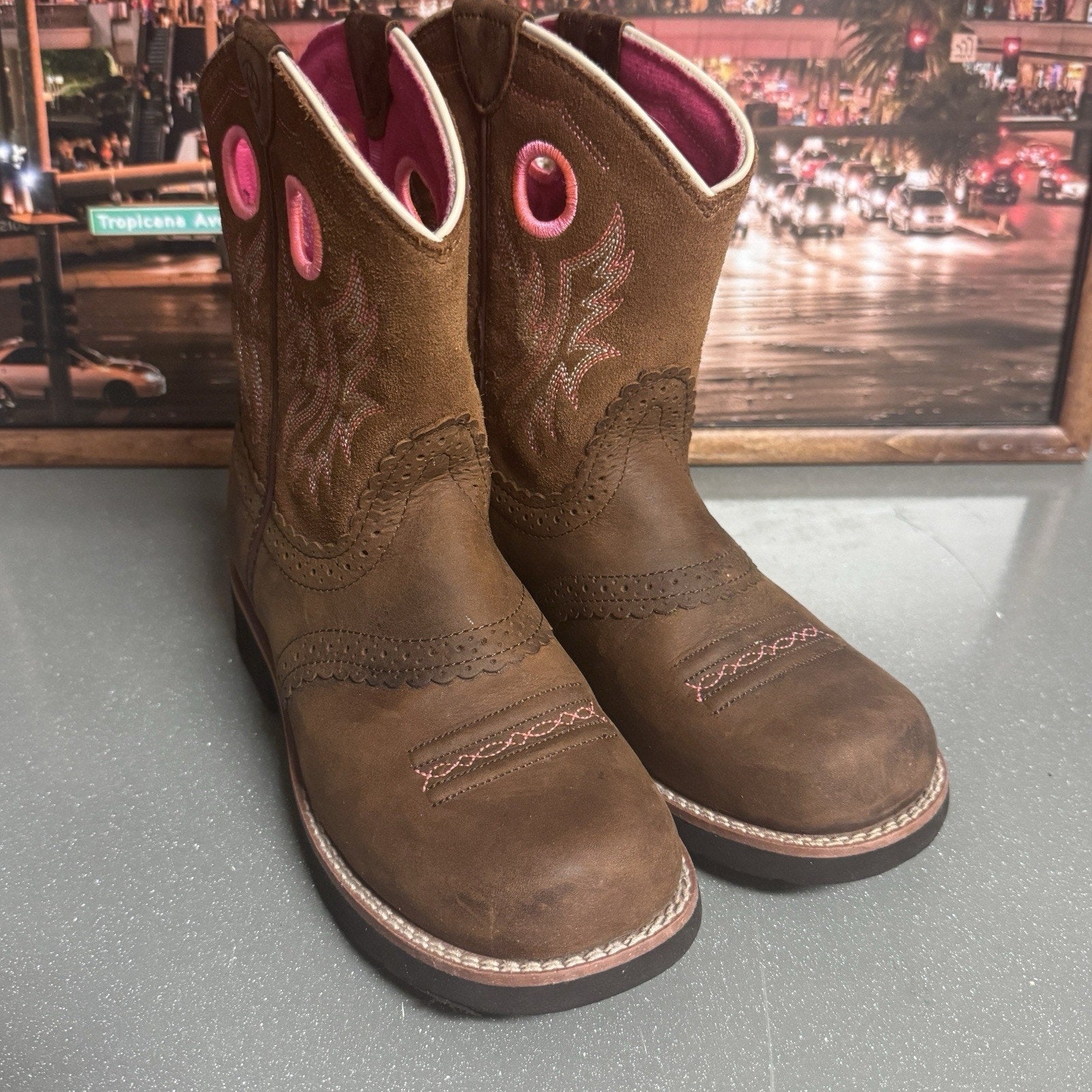 Ariat Fatbaby Girls Western Cowboy Boots Brown Pink Leather Square Toe US 3.5