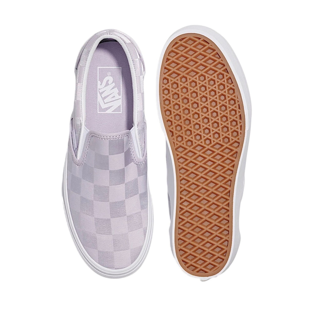 Vans Classic Slip-On Stackform Checkerboard Satin Lilac Purple Platform Shoes W7