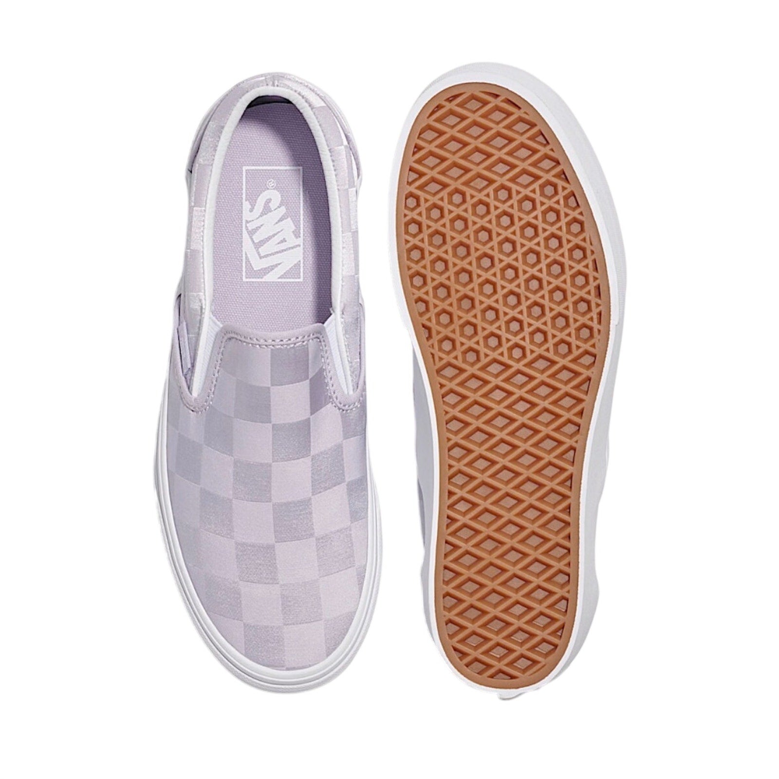 Vans Classic Slip-On Stackform Checkerboard Satin Lilac Purple Platform Shoes W7