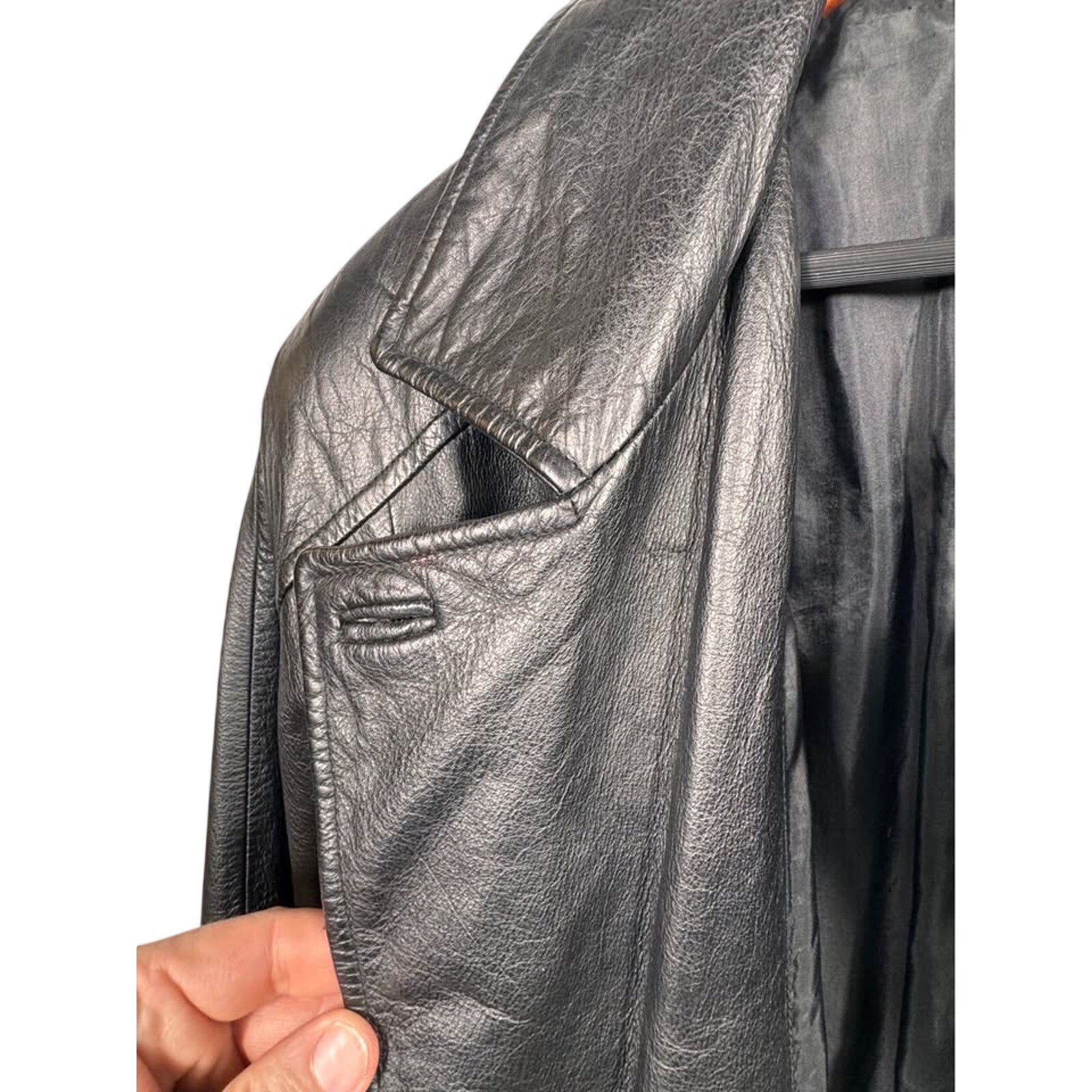 Vintage G-III Mens Black Genuine Leather Trench Coat Long Overcoat M